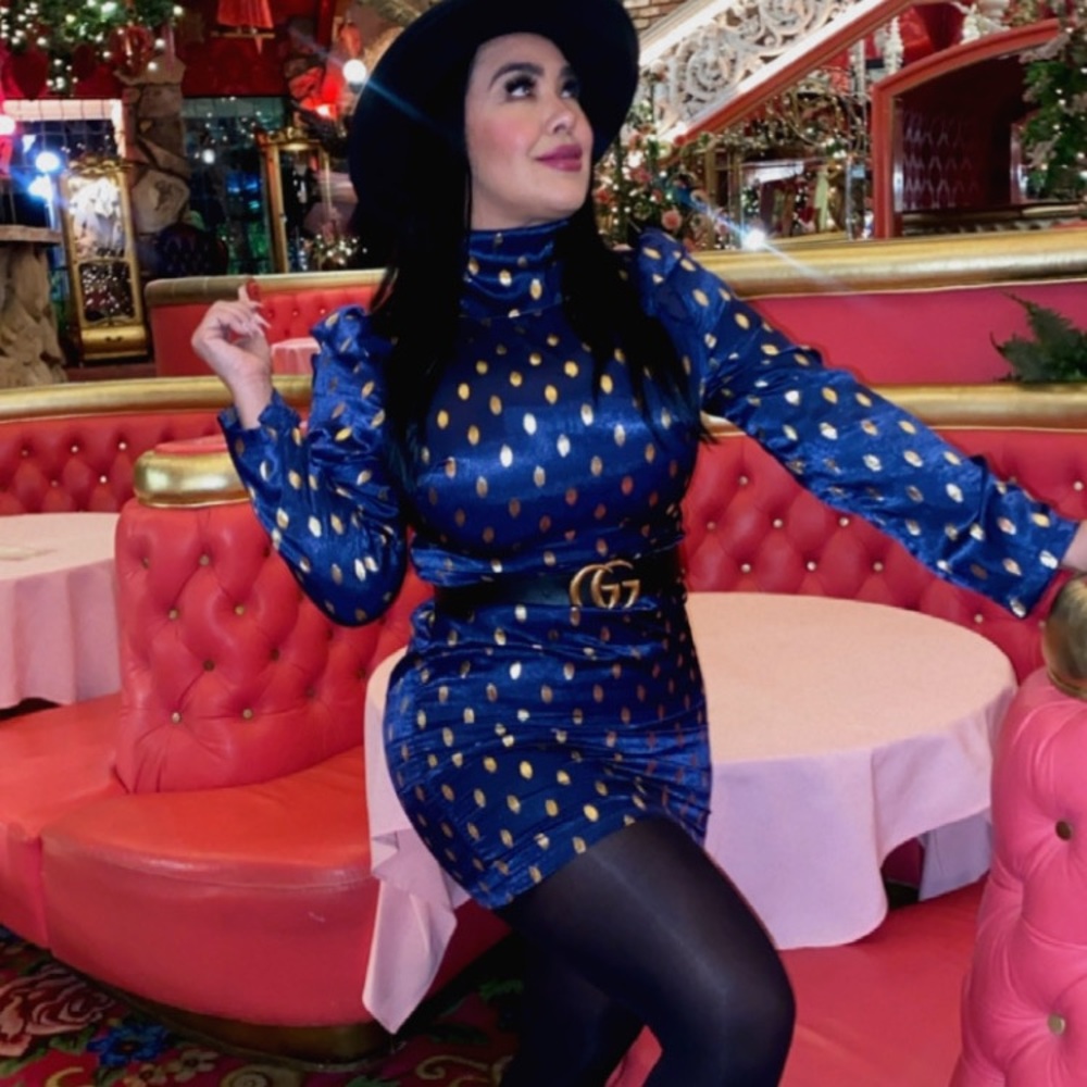 Blue and gold polka dots dress
